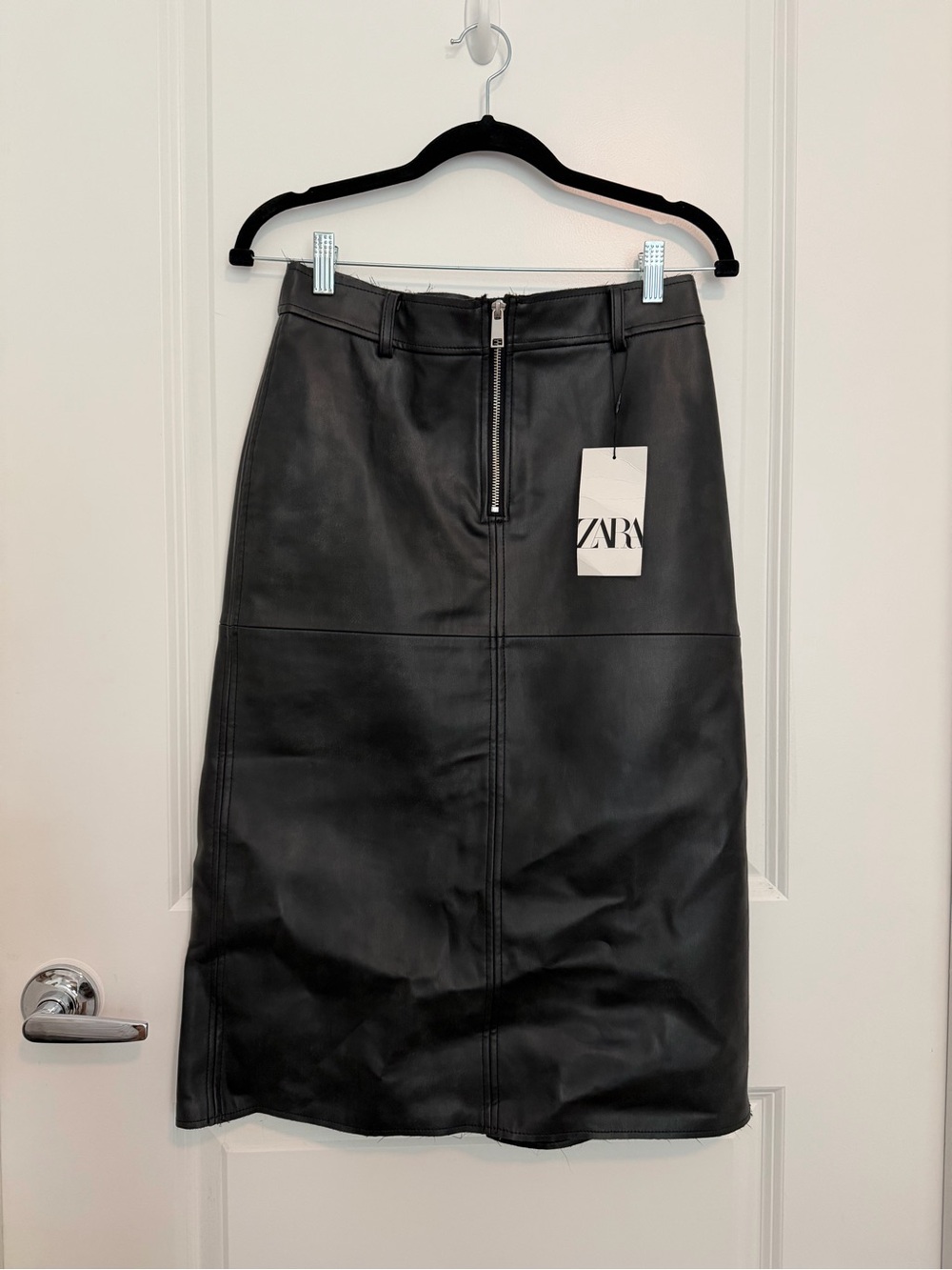 Zara Black Faux Leather Pencil Skirt with Front Zip Detail